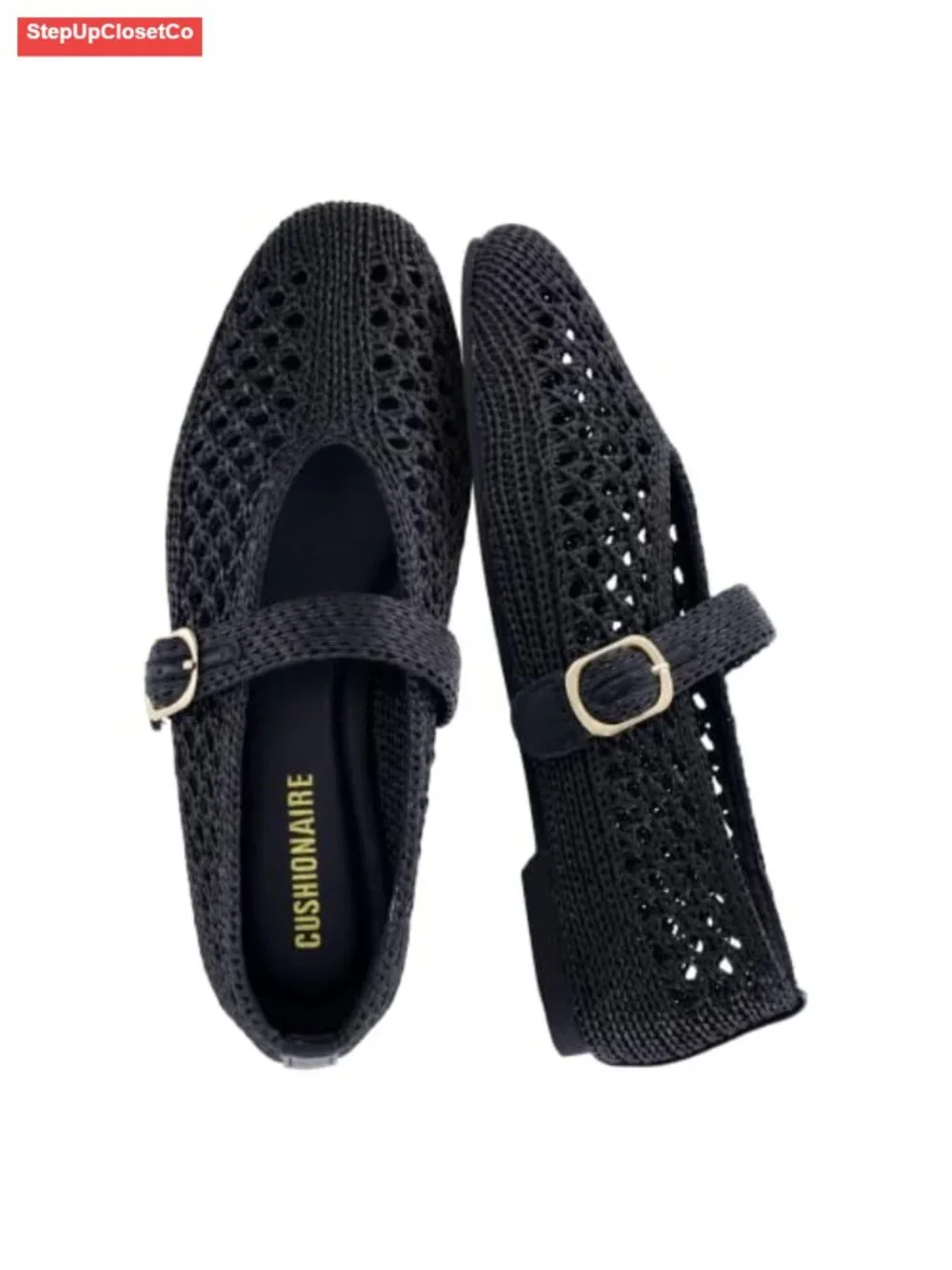 Woven Mary Jane Flats for Women, Adjustable Gold-Tone Buckle Strap, Memory Foam